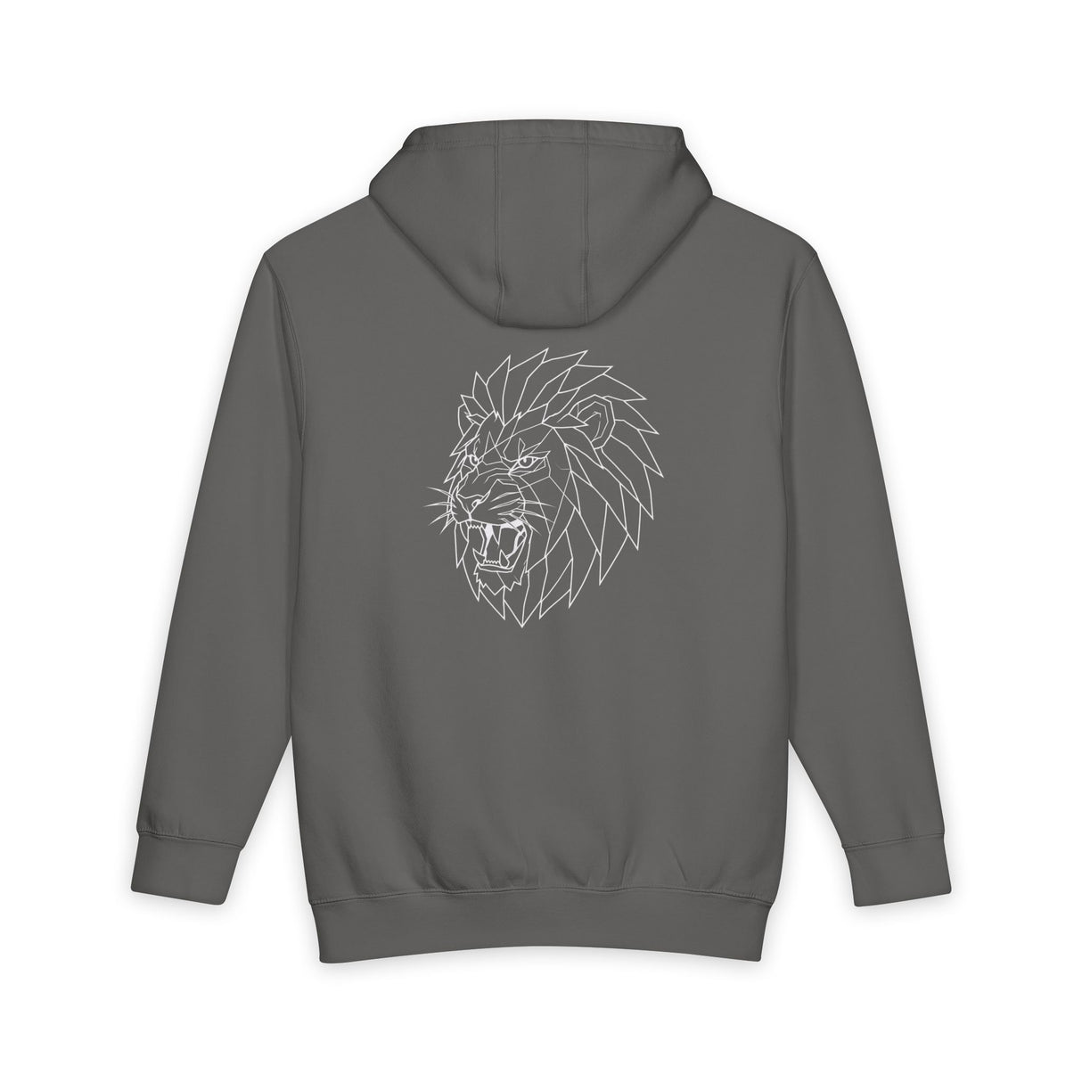 Gray lion hoodie from Printify's geometric animal series featuring the phrase "King Is a Standard. Not a Title."