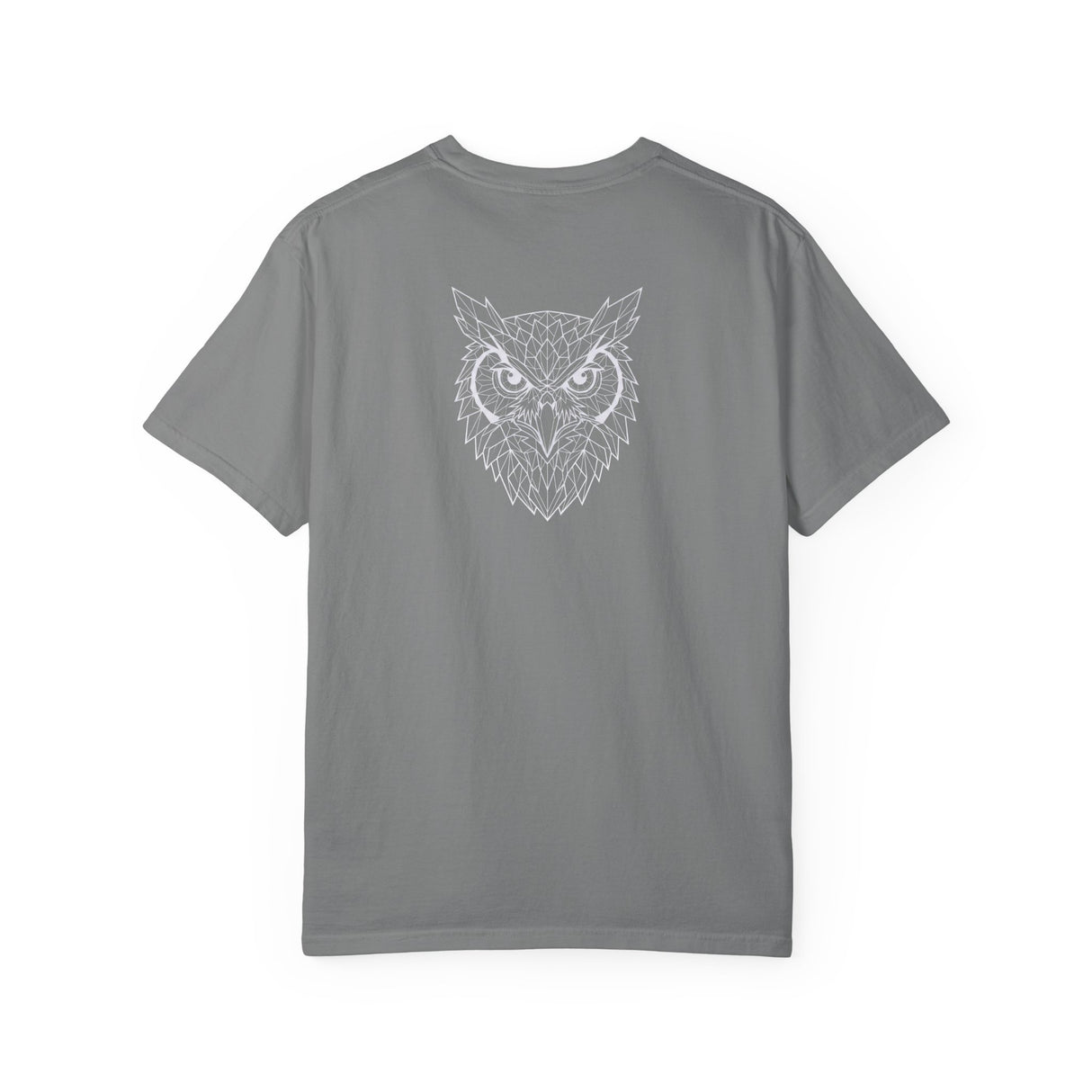 Gray owl graphic T-shirt featuring geometric animal design and the quote "See Everything. Say Nothing." from Printify.