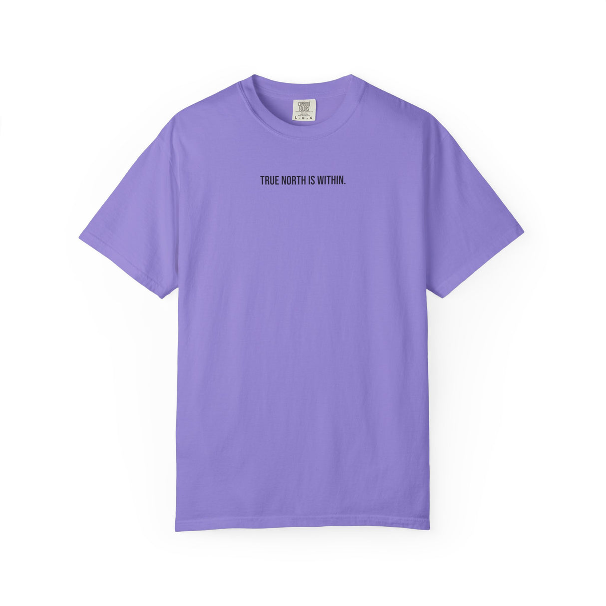Blue compass T-shirt from Printify's Nature Series featuring "True North Is Within" slogan on the front.