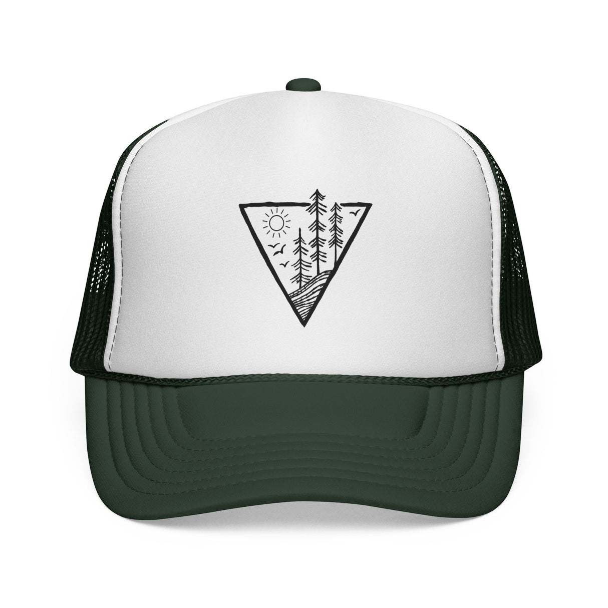 Forest Trucker Hat with "Deep Roots. High Rise." logo, adjustable snapback, printed by Printify, featuring nature-inspired design.