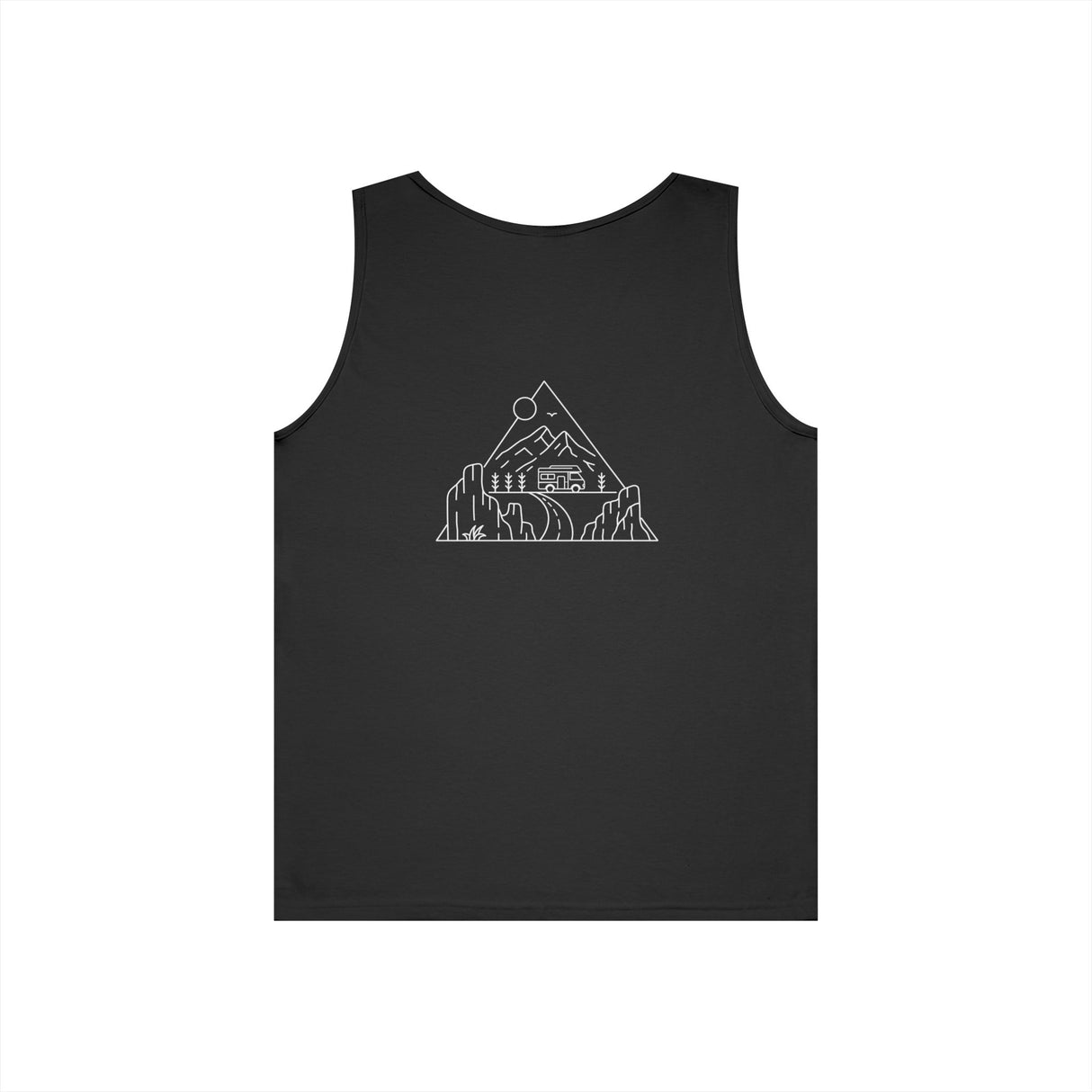 Gray Road Trip Tank Top from the Nature Series by Printify, featuring the quote "Nowhere to Be. Everywhere to Go."