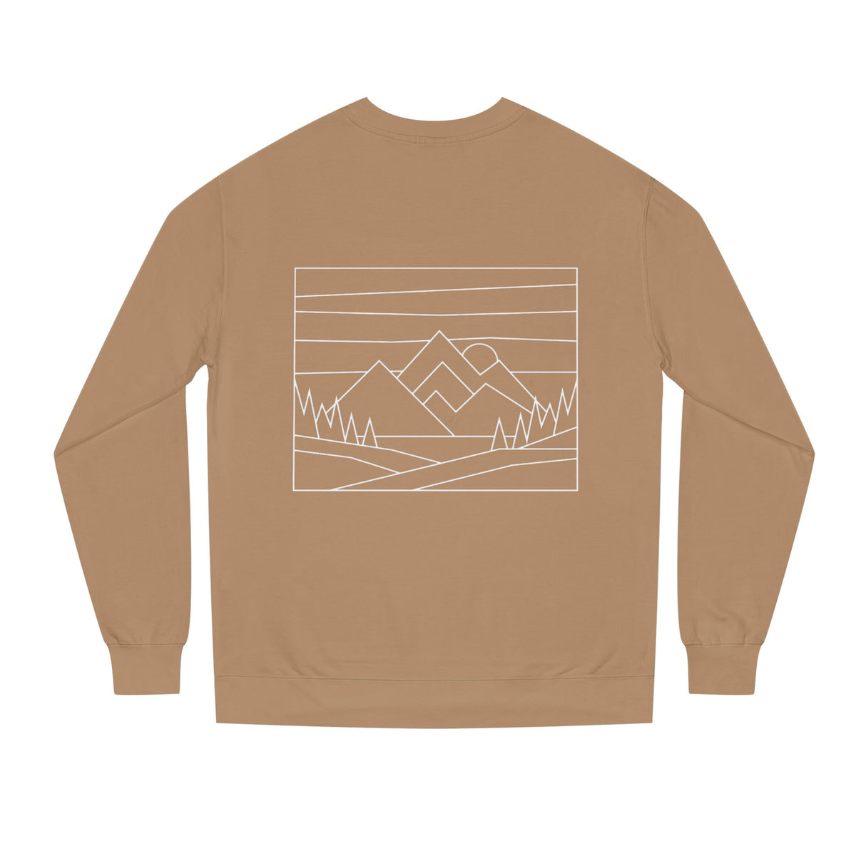 Printify Mountain Sweatshirt from the Nature Series featuring a mountain graphic and the slogan "Built by Nature, Shaped by Choice."