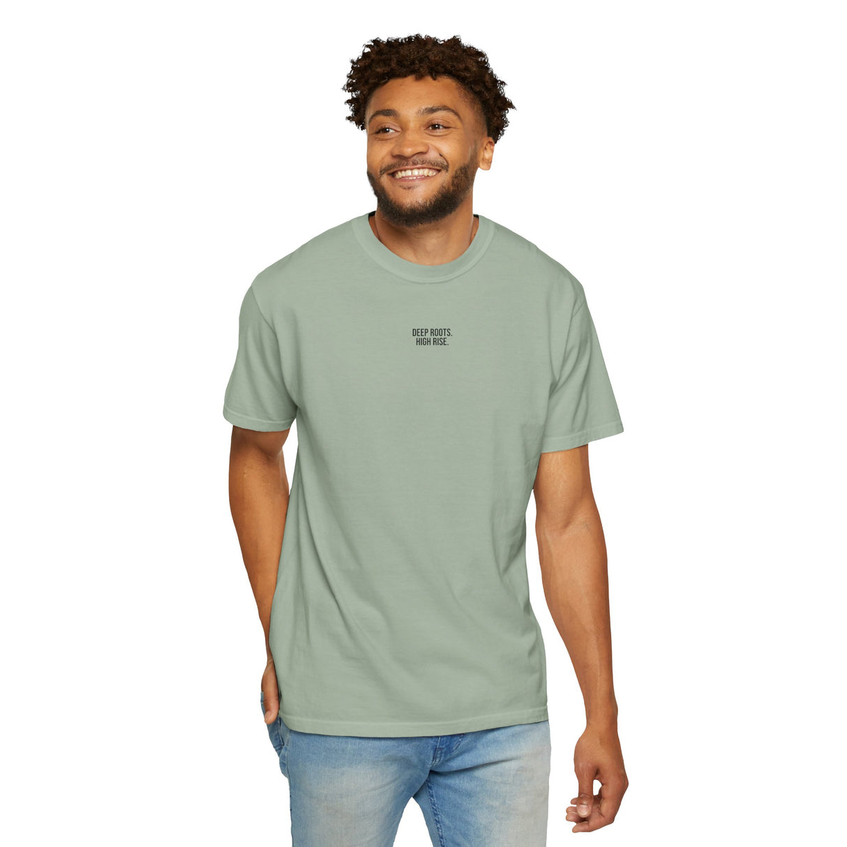 Forest Tee t-shirt from Printify's Nature Series featuring "Deep Roots. High Rise." design with forest and tree graphics.