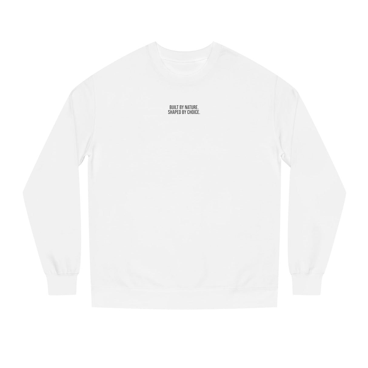 Gray mountain-themed sweatshirt from the Nature Series by Printify featuring the quote "Built by Nature. Shaped by Choice."