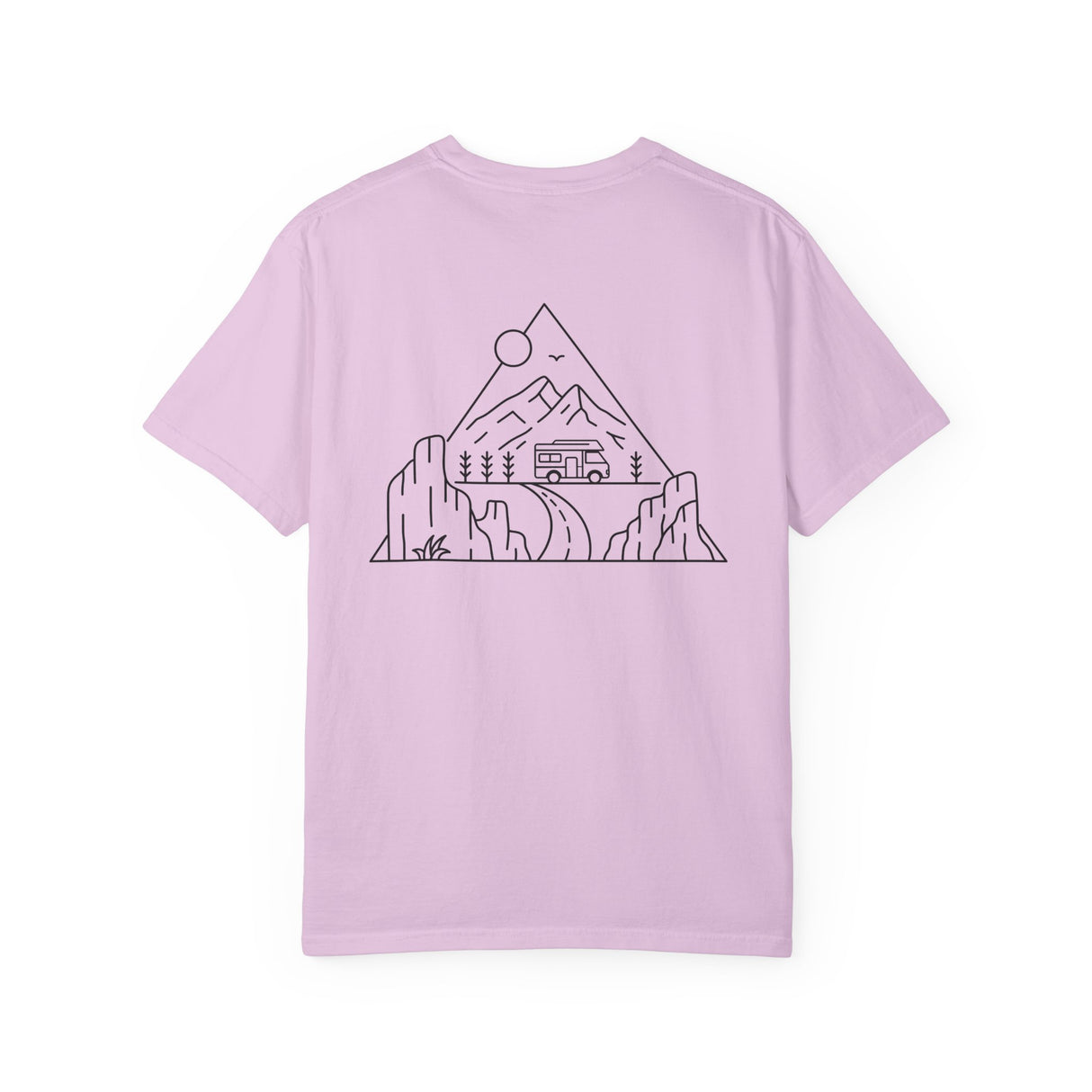 Printify Road Trip T-Shirt from the Nature Series with the quote "Nowhere to Be. Everywhere to Go." displayed on a casual tee.