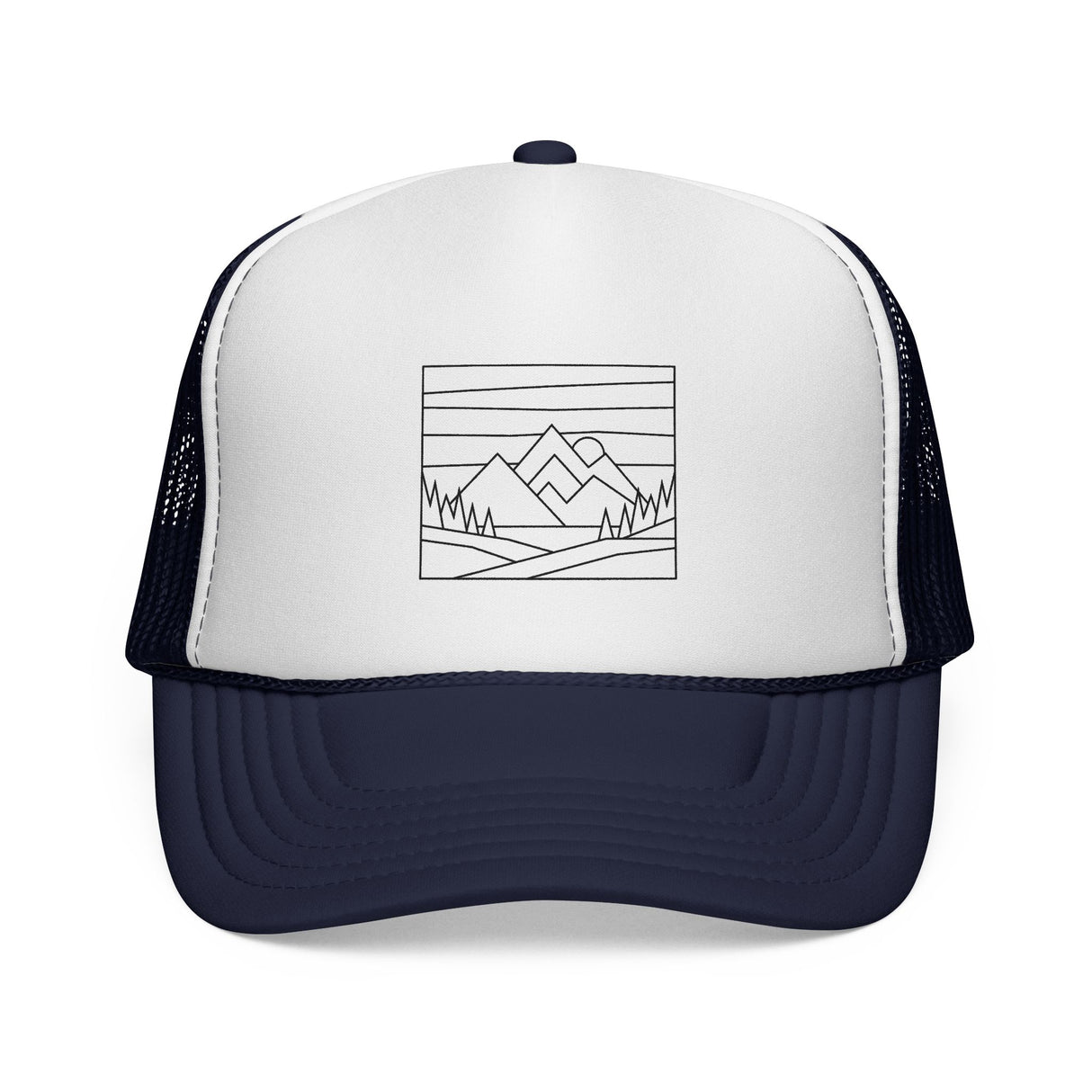 Printify Mountain Trucker Hat from the Nature Series featuring a curved brim and adjustable snapback, with "Built by Nature" design.