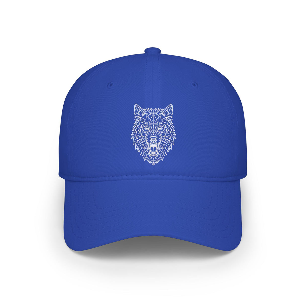 Blue cap with white text on a white background