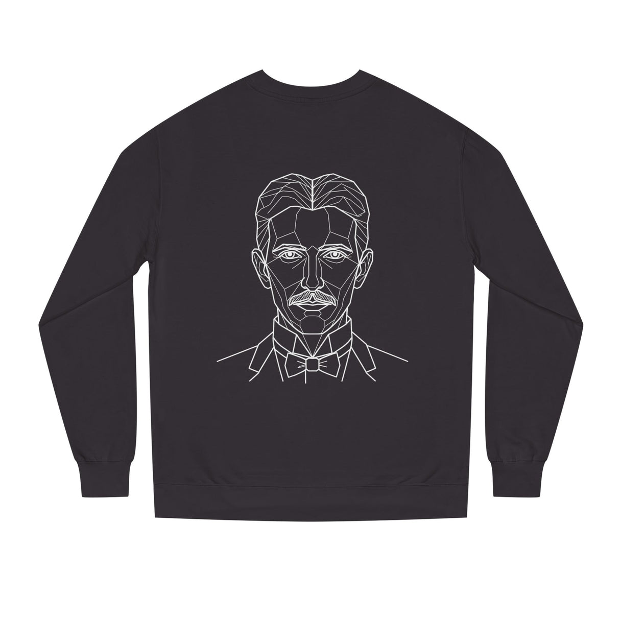 N. Tesla sweatshirt from the Visionaries Series by Printify featuring the quote "Think in Terms of Energy, Frequency and Vibration."
