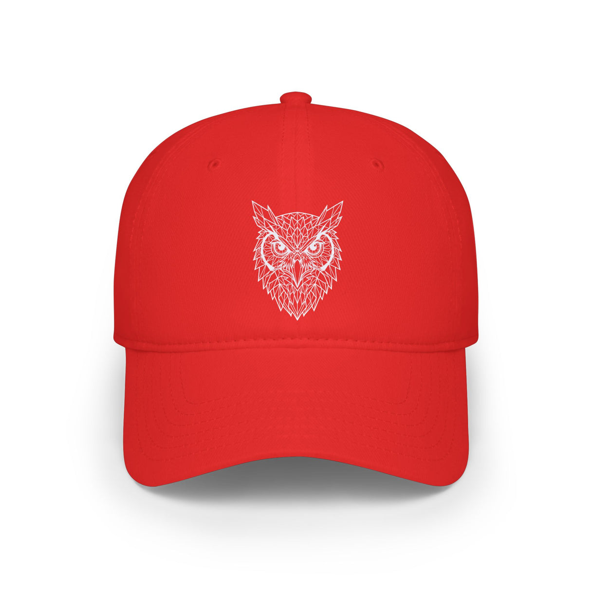 Red cap with a white owl design on a white background