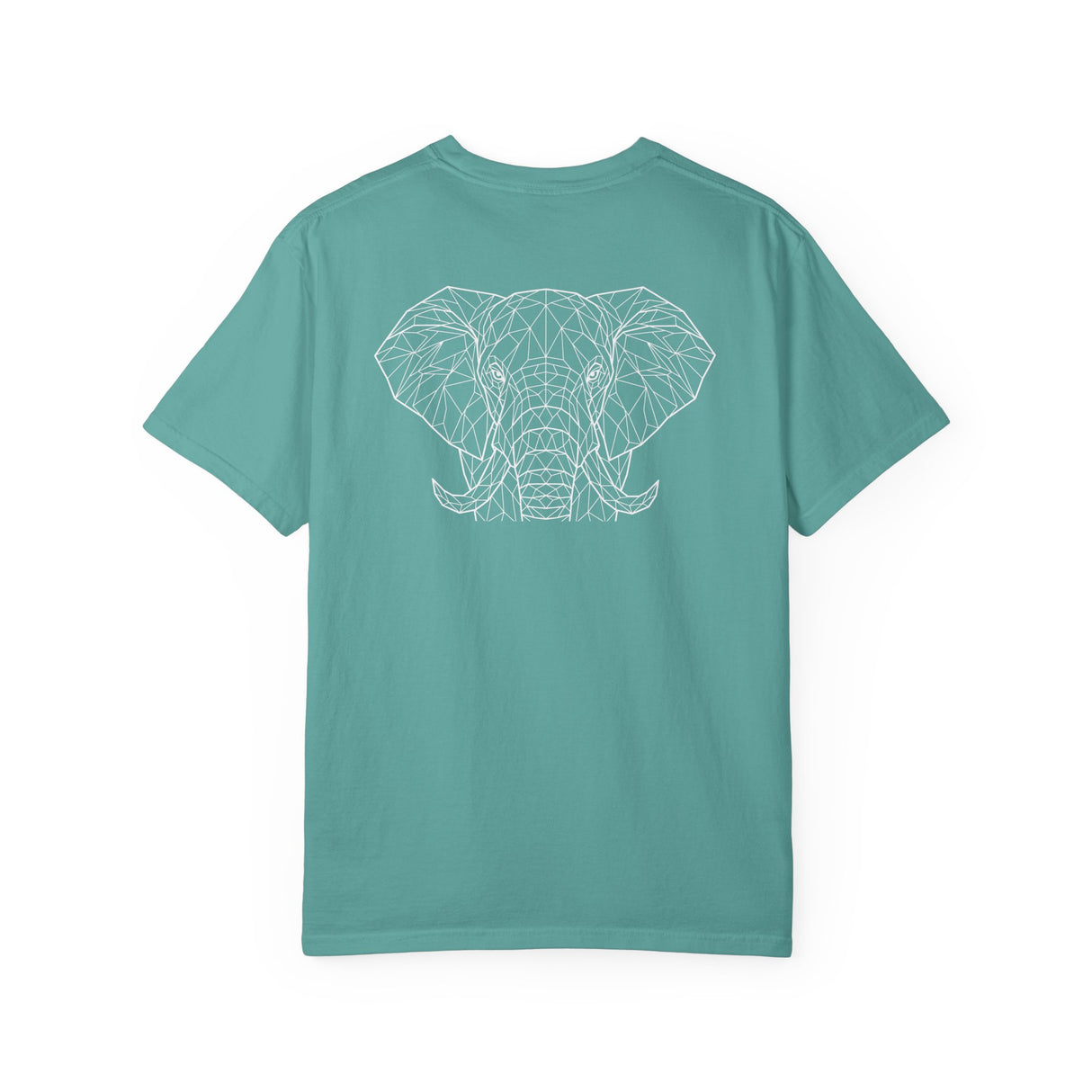 Gray elephant graphic T-shirt by Printify featuring geometric design and the quote "Thick Skin. Soft Heart." on a casual tee.