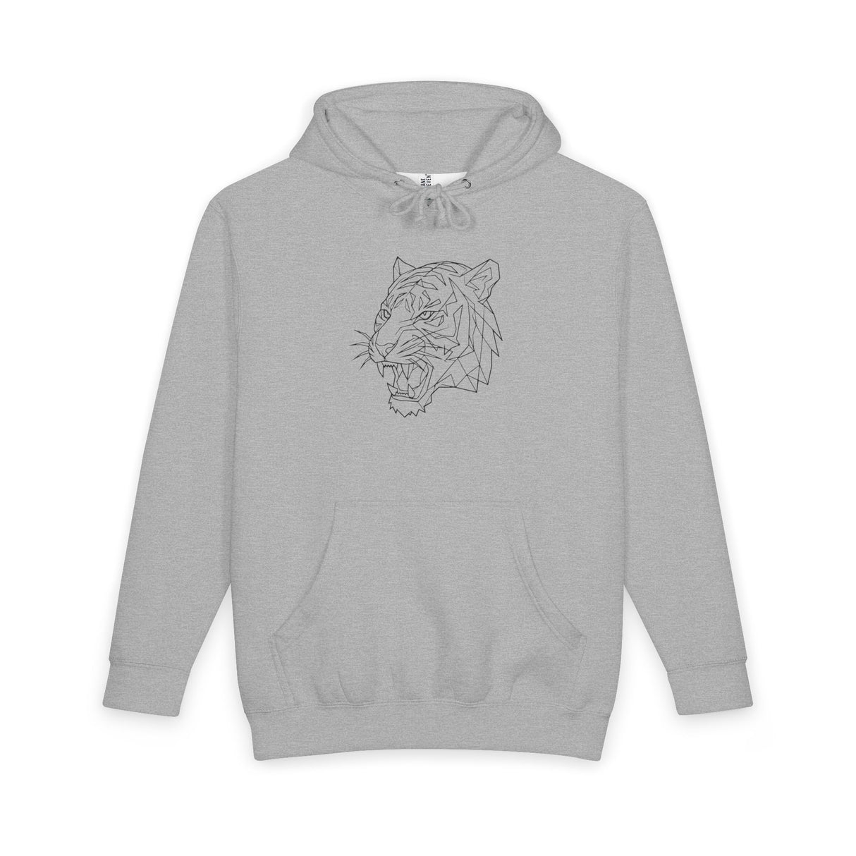 Gray hoodie with minimalist geometric tiger graphic on the chest, streetwear style
