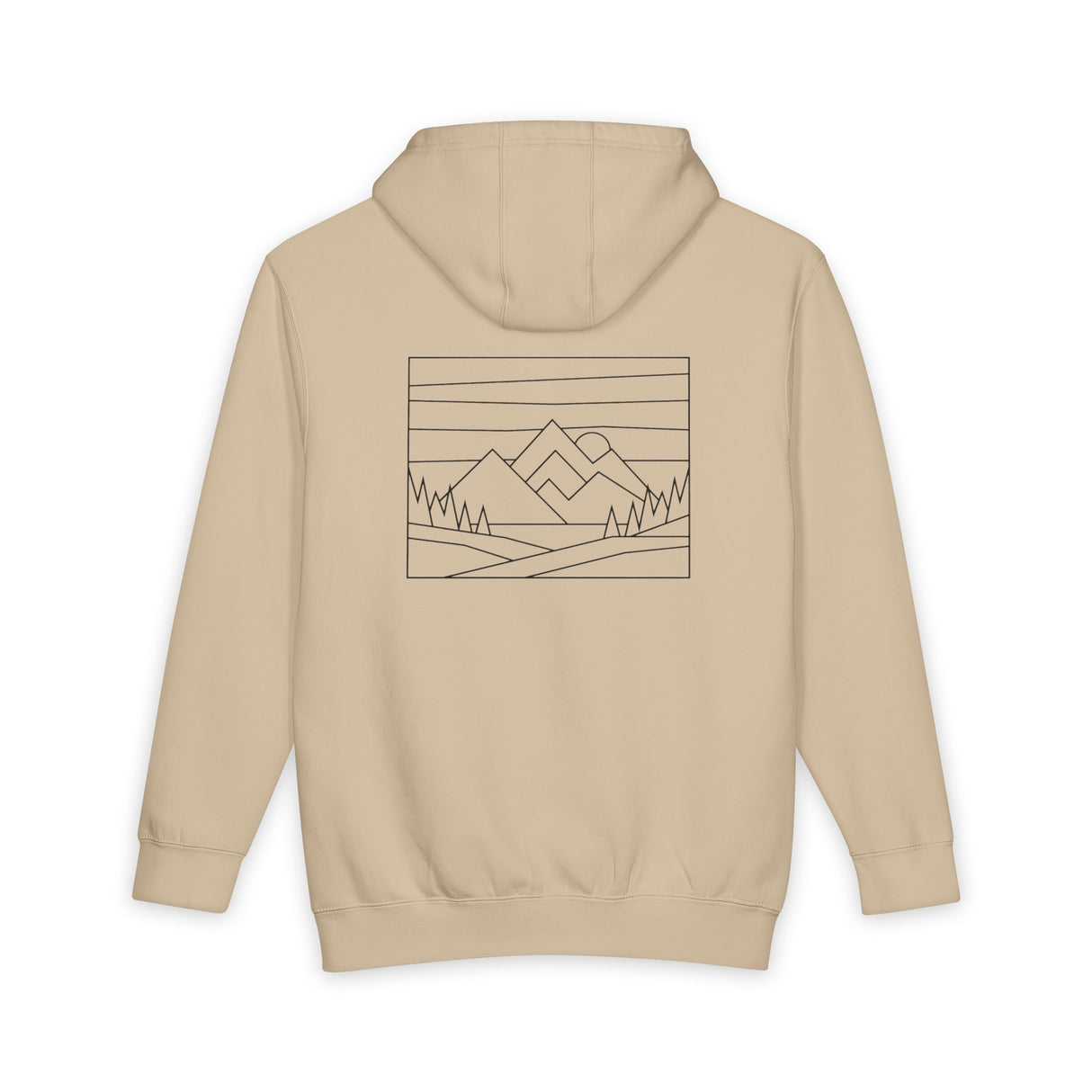 Beige hoodie with a mountain landscape design on the back against a white background
