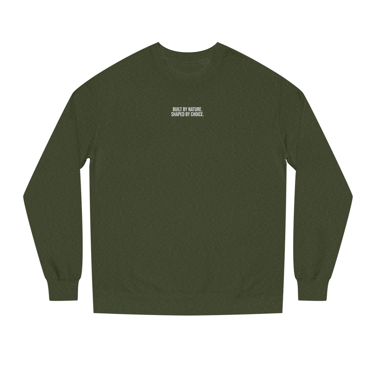 Gray mountain sweatshirt from the Nature Series by Printify, featuring a mountain graphic and the slogan "Built by Nature. Shaped by Choice."