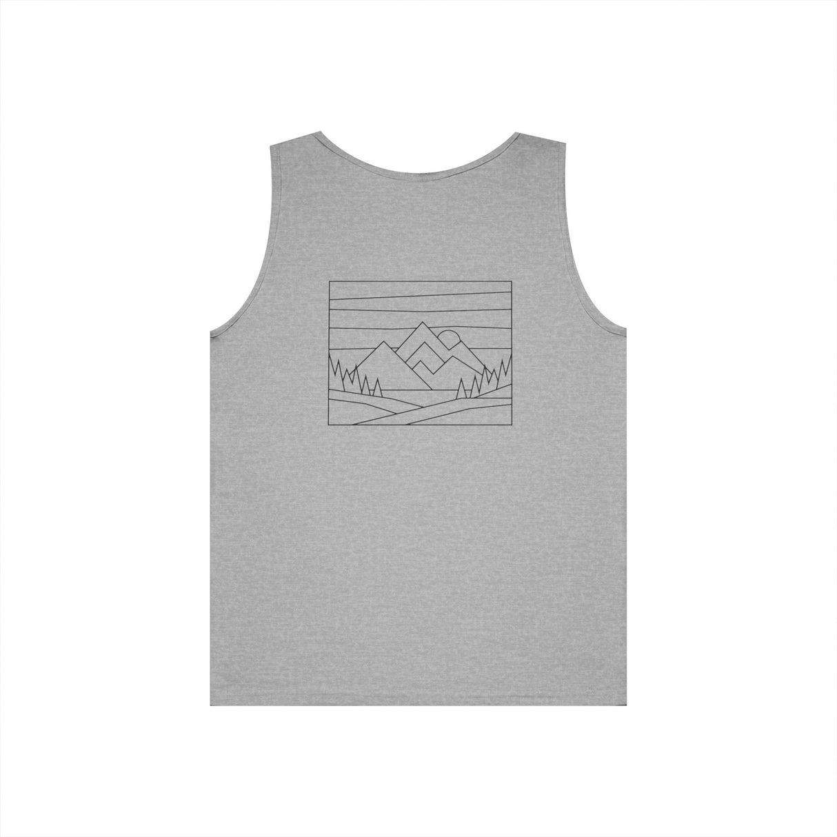 Black mountain tank top from the Nature Series by Printify, with "Built by Nature. Shaped by Choice." slogan displayed on the front.