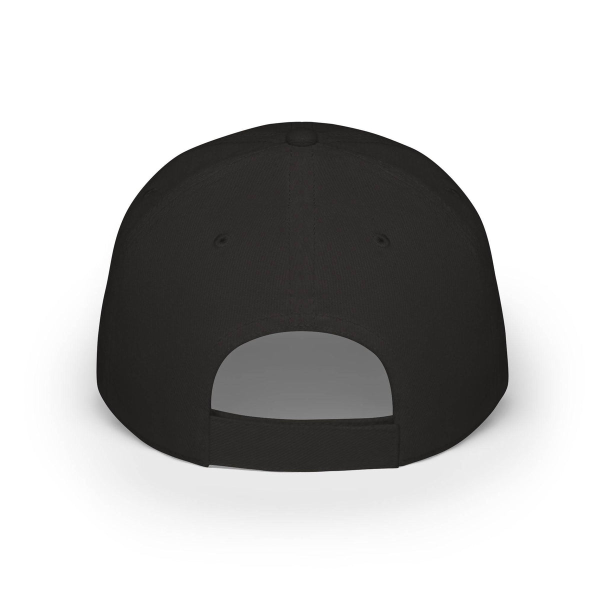 Rear view of a classic black baseball cap featuring an adjustable strap for a customizable fit, made from durable fabric with ventilation eyelets for breathability and comfort. | PicSEO 1776569993027