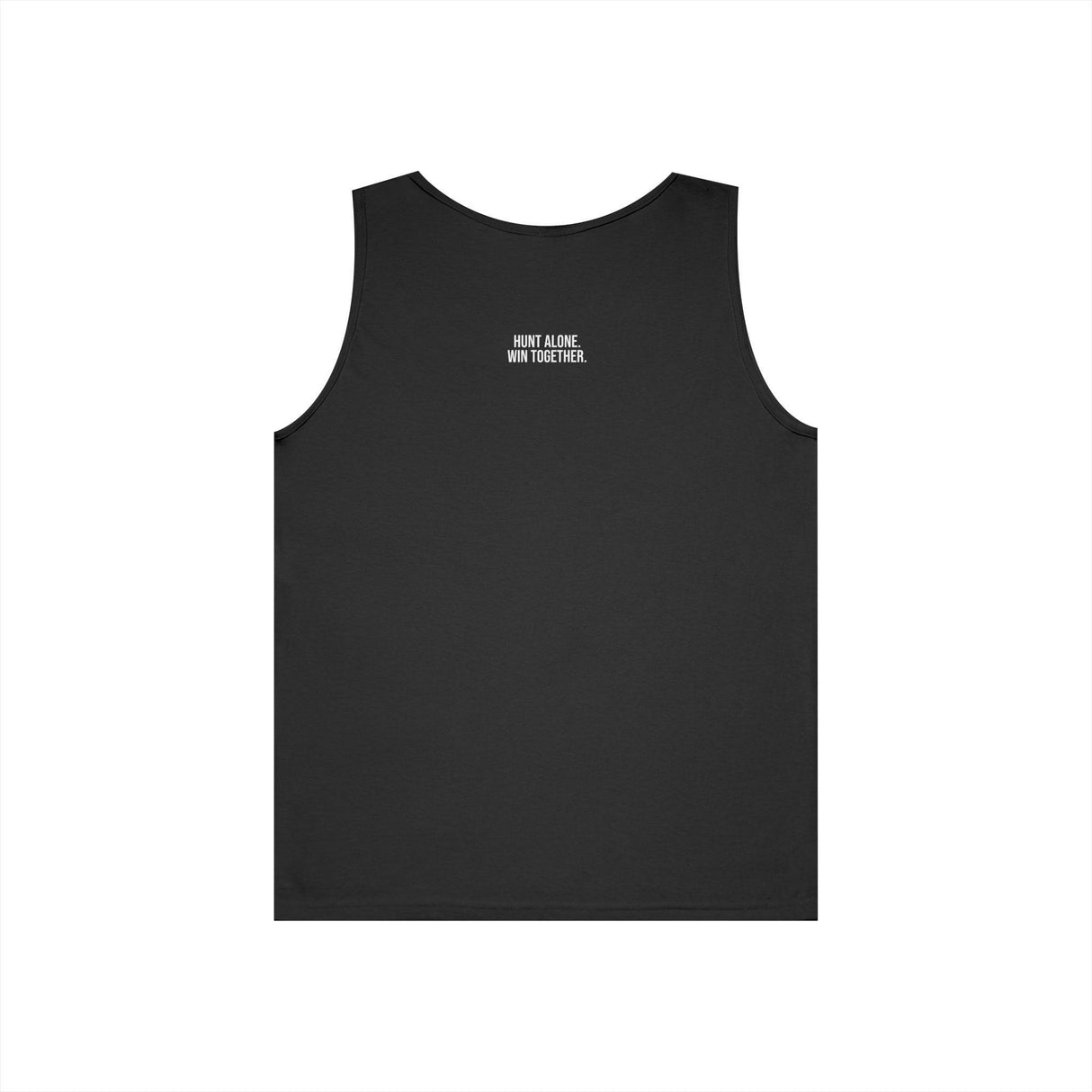 Black sleeveless tank top featuring a minimalistic back design with the motivational phrase "HUNT ALONE. WIN TOGETHER." in white text, emphasizing teamwork and individual effort. | PicSEO 1776476852252