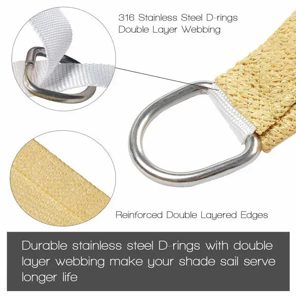 Close-up image of a durable shade sail corner featuring 316 stainless steel D-rings attached to double-layer webbing, reinforced double-layered edges for enhanced strength and longevity, designed to extend the lifespan of the shade sail. | PicSEO 1775515528877