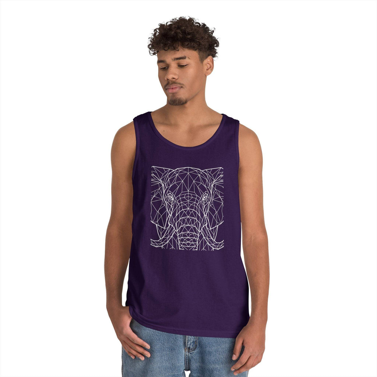 Young man wearing a dark purple tank top featuring a white geometric line art design of an elephant head, paired with light blue denim jeans, showcasing a modern and trendy casual look. | PicSEO 1776569781526