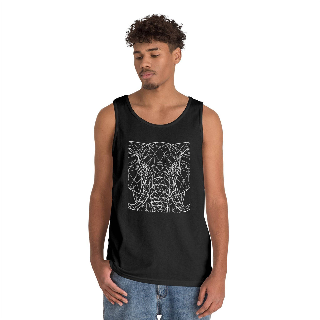 Young man wearing a black sleeveless tank top featuring a geometric white line art design of an elephant's face, paired with casual blue denim jeans against a plain white background. | PicSEO 1776569698193
