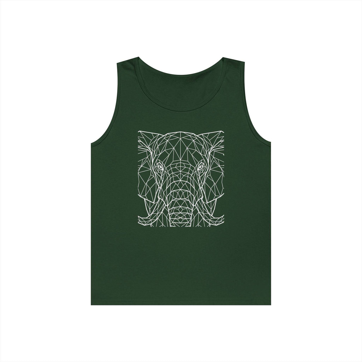 Dark green sleeveless tank top featuring a modern geometric line art design of an elephant's face in white, combining minimalist style with a bold wildlife-inspired graphic. | PicSEO 1776569582544