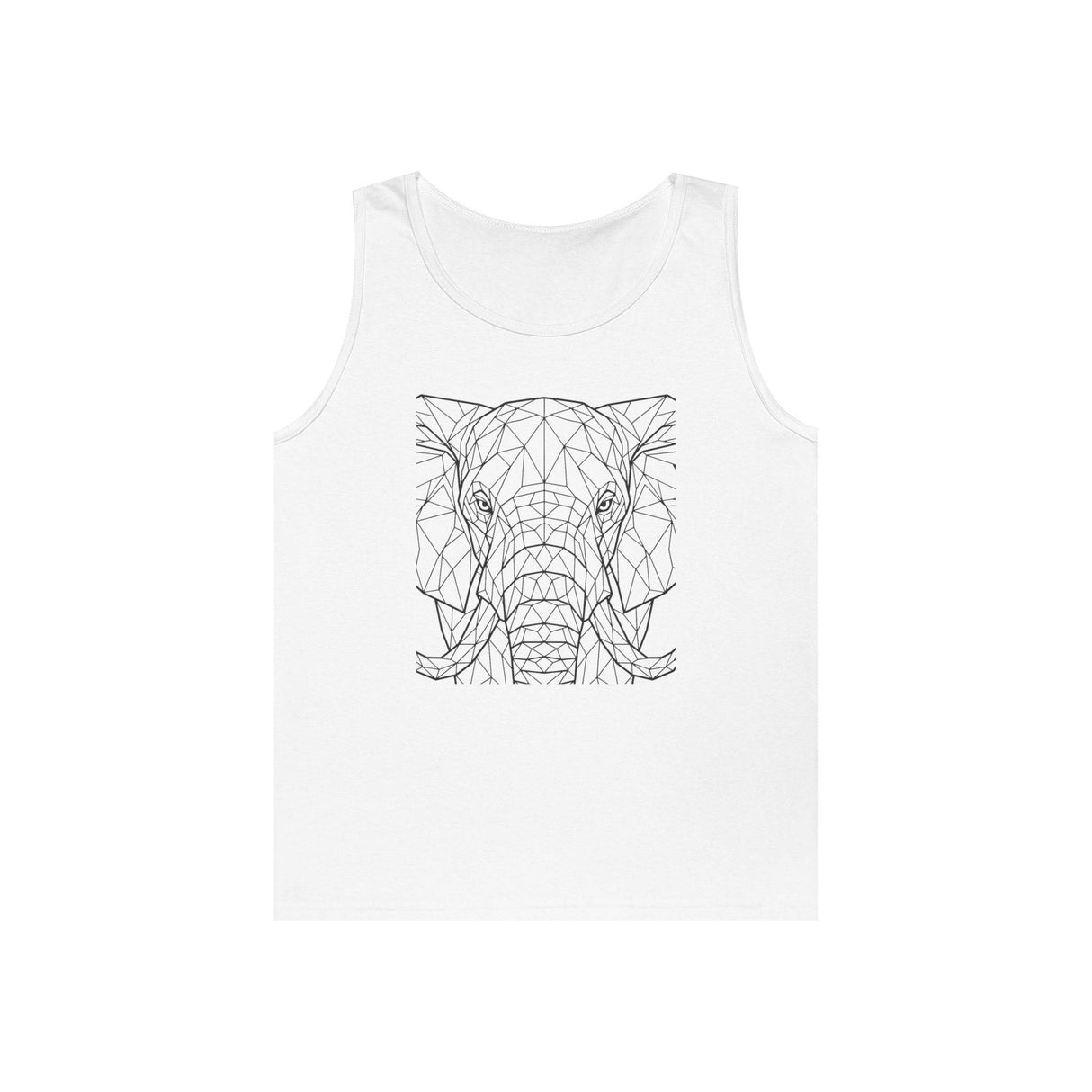 White sleeveless tank top featuring a geometric low-poly style elephant head design in black lines, combining modern minimalism with wildlife art for a stylish and unique casual wear option. | PicSEO 1776569667582