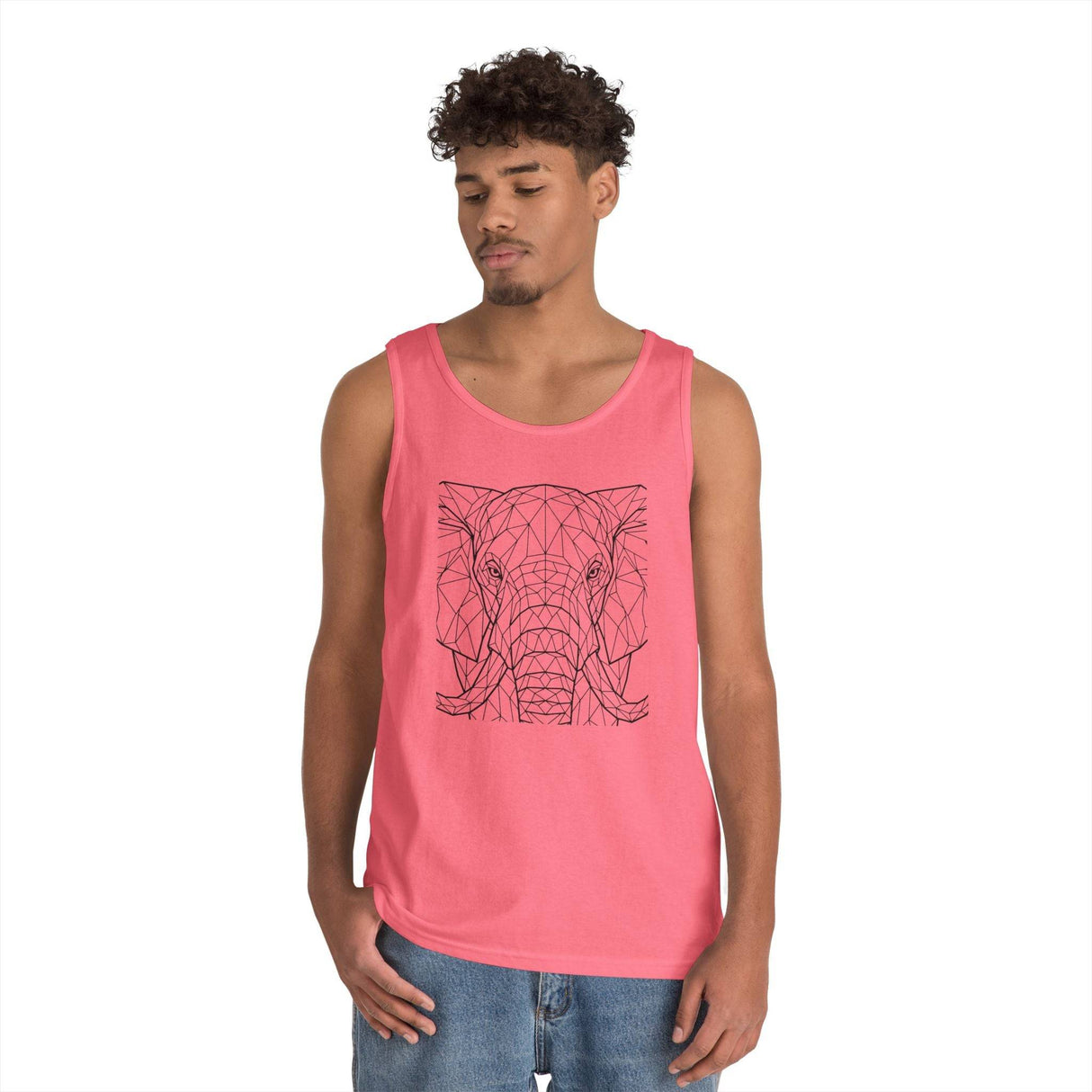 Young man wearing a coral pink tank top featuring a geometric black line art design of an elephant's face, paired with light blue denim shorts, against a plain white background. | PicSEO 1776569833892