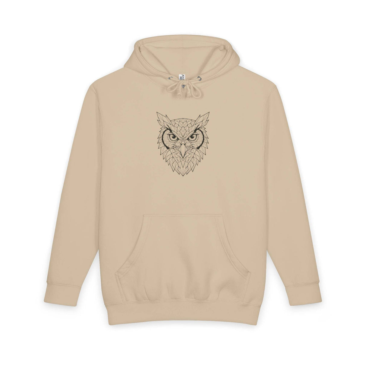 Beige hoodie featuring a detailed geometric owl design in black on the front, with a drawstring hood and a front kangaroo pocket for casual comfort and stylish wear. | PicSEO 1776477931243