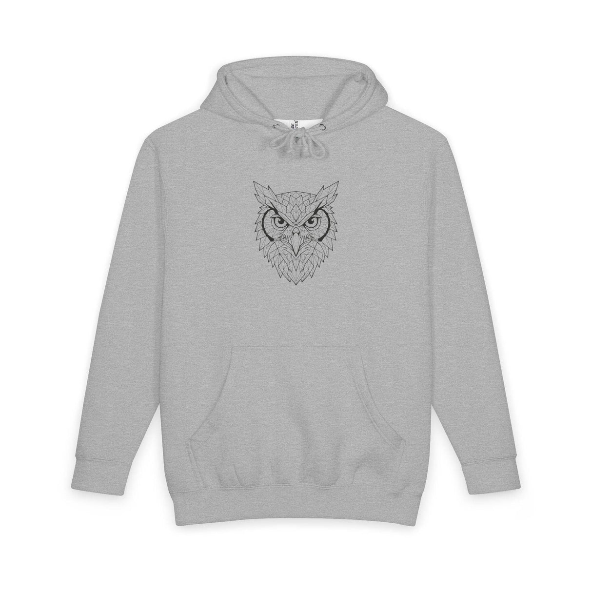 Light gray hoodie featuring a minimalist geometric owl design centered on the chest, with a front kangaroo pocket and adjustable drawstring hood for comfort and style. | PicSEO 1776477901277