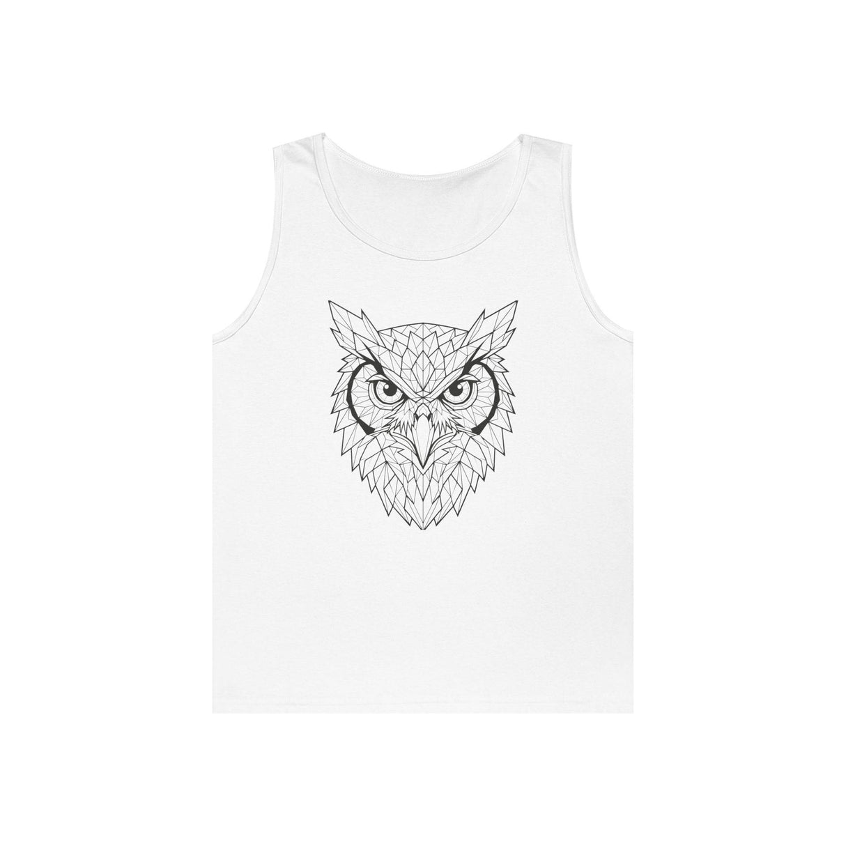White sleeveless tank top featuring a detailed geometric owl face design in black lines, combining modern polygonal art with striking animal imagery for a bold and stylish look. | PicSEO 1776476398876
