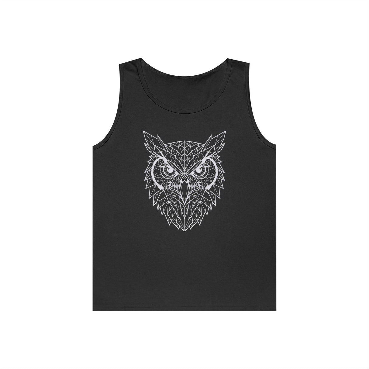 Black sleeveless tank top featuring a geometric white owl face design on the front, combining modern polygonal art with a sleek, minimalist style for a bold and trendy look. | PicSEO 1776476479938