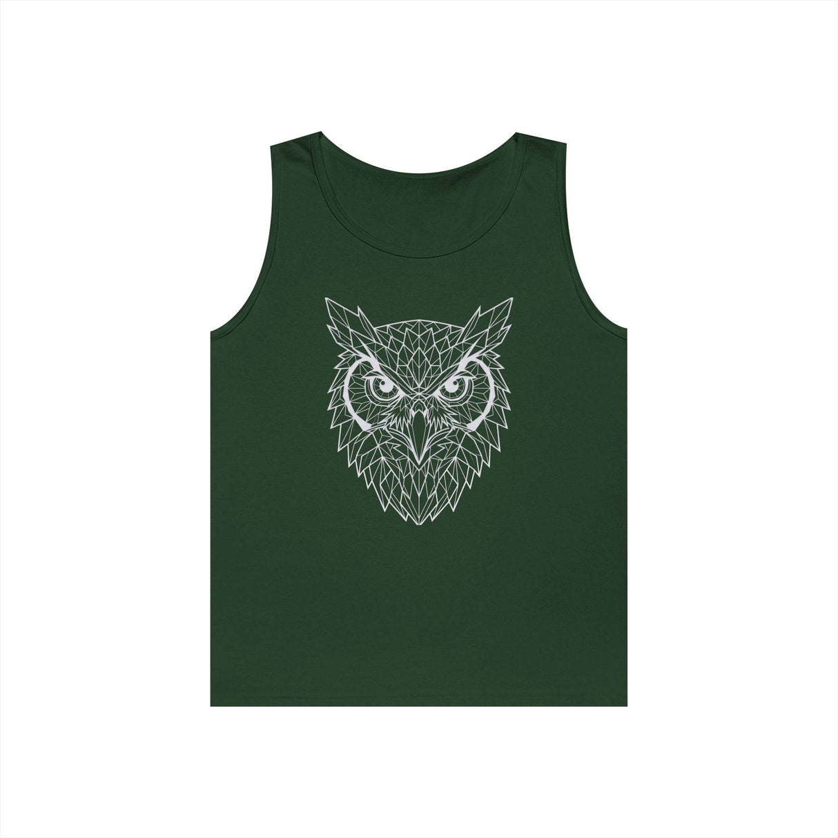 Dark green sleeveless tank top featuring a detailed geometric owl head design in white, combining modern angular lines with a bold, nature-inspired graphic for a stylish and edgy look. | PicSEO 1776476563594