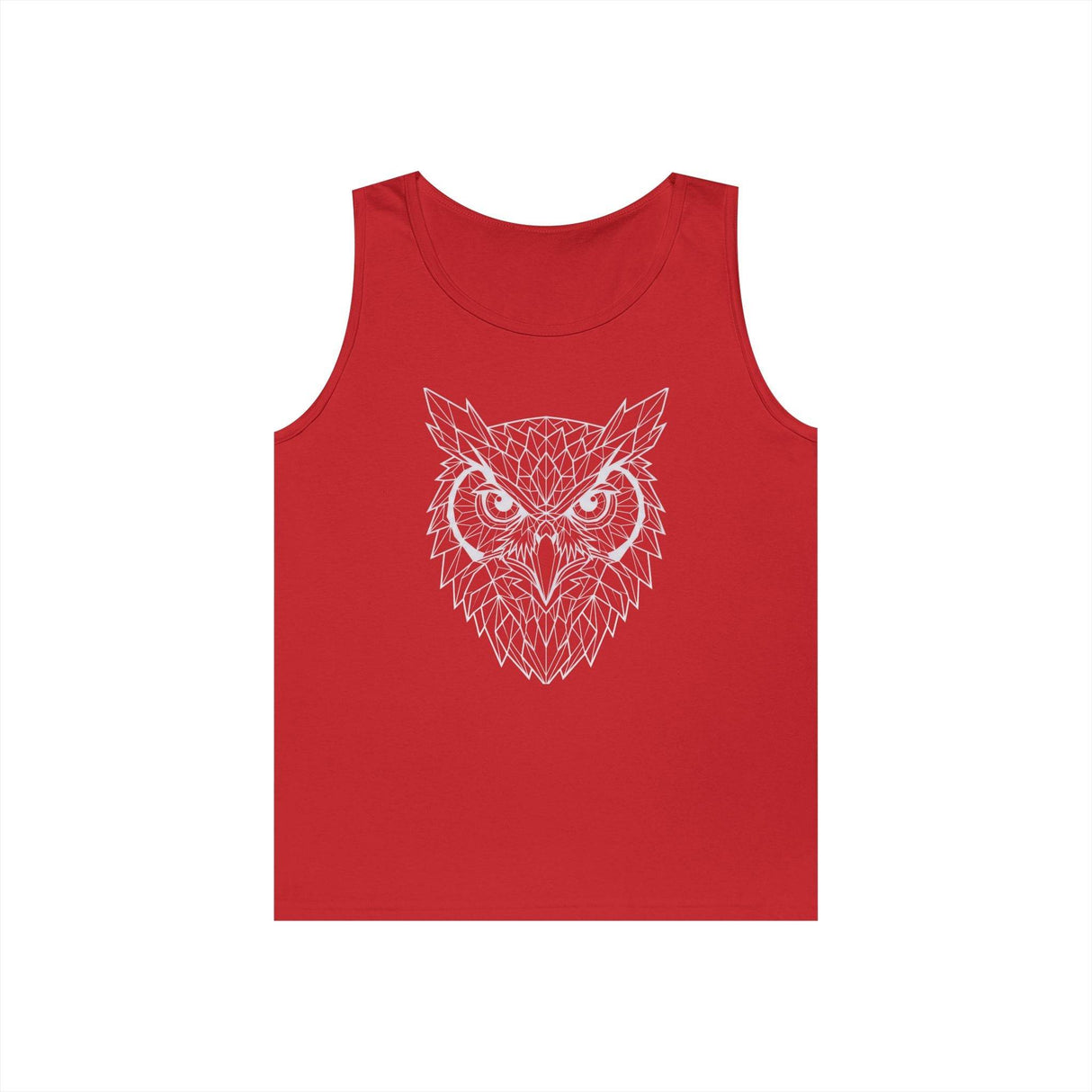 Red sleeveless tank top featuring a geometric white owl face design on the front, combining modern line art with bold color for a stylish and edgy look. | PicSEO 1776476801678
