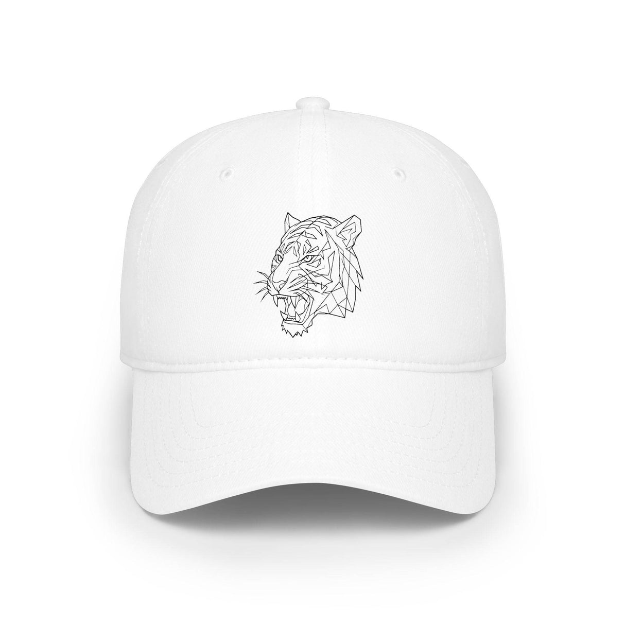 White baseball cap featuring a minimalist geometric tiger head design in black line art, combining modern style with bold animal imagery for a sleek and fashionable accessory. | PicSEO 1776569916600