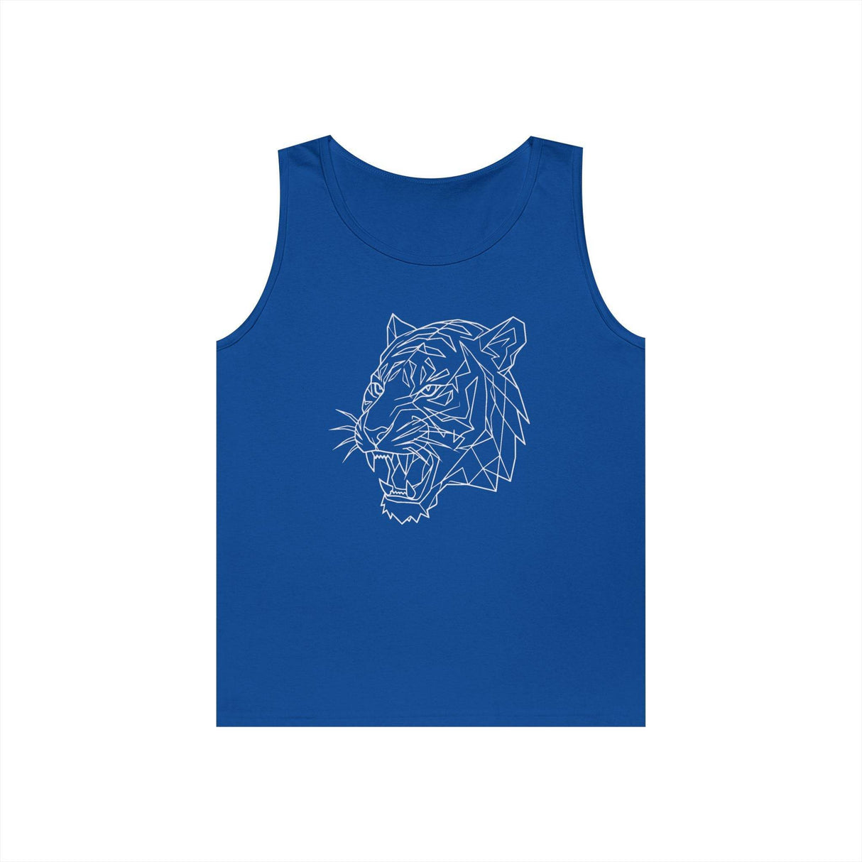 Blue sleeveless tank top featuring a geometric white outline of a roaring tiger's head centered on the chest, blending modern minimalism with bold wildlife imagery for a striking casual look. | PicSEO 1776458972187