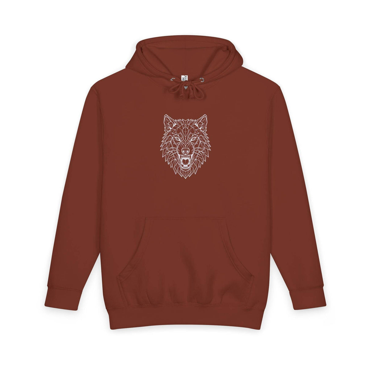 Rust-colored hoodie featuring a bold, geometric white wolf head design on the front, complete with a drawstring hood and a spacious kangaroo pocket for comfort and style. | PicSEO 1776478088220