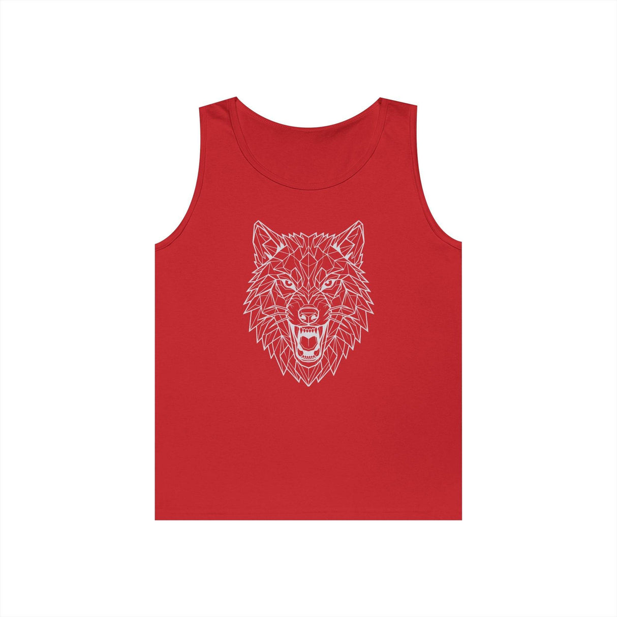 Red sleeveless tank top featuring a white geometric line art design of a roaring wolf's head, combining bold color with modern animal illustration for a striking, edgy look. | PicSEO 1776477083252