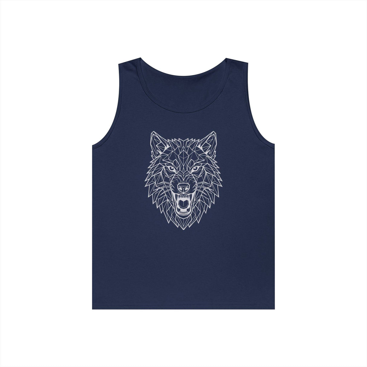 Navy blue sleeveless tank top featuring a geometric, line-art design of an aggressive wolf's head in white, blending modern angular shapes with a fierce animal motif for a bold, stylish look. | PicSEO 1776477045029