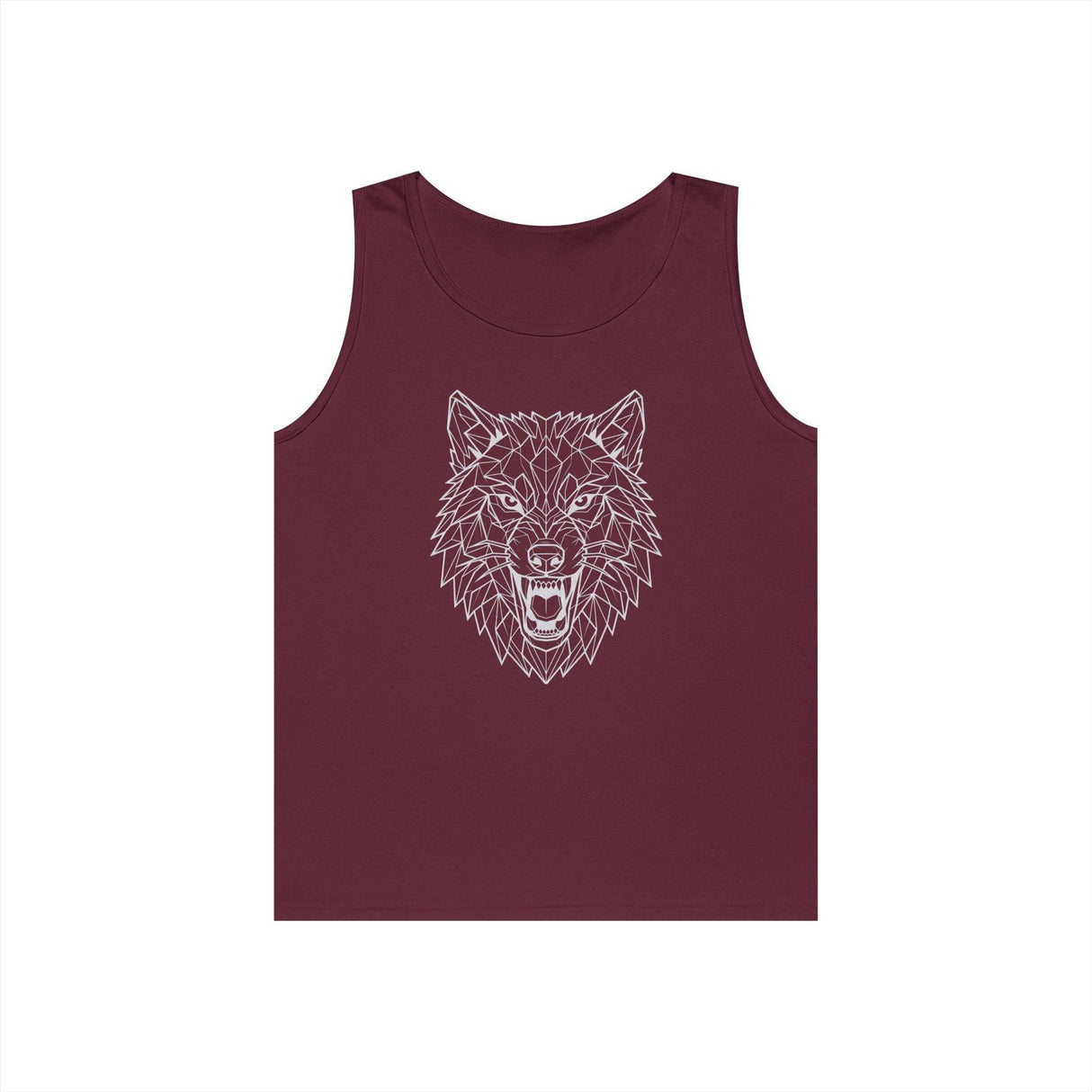 Maroon sleeveless tank top featuring a striking geometric line art design of a snarling wolf's head, blending modern minimalism with bold wildlife imagery for a stylish and edgy look. | PicSEO 1776476962733
