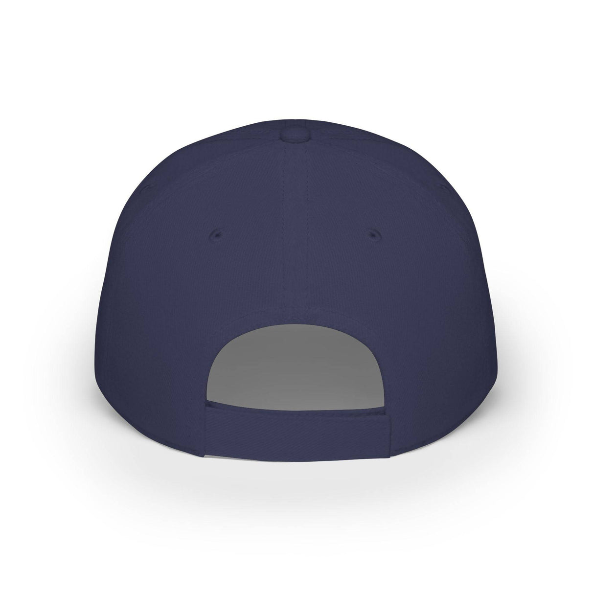 Rear view of a navy blue adjustable baseball cap featuring a fabric strap with hook-and-loop closure for a customizable fit, made from durable material with reinforced stitching and ventilation eyelets for breathability. | PicSEO 1776570047961