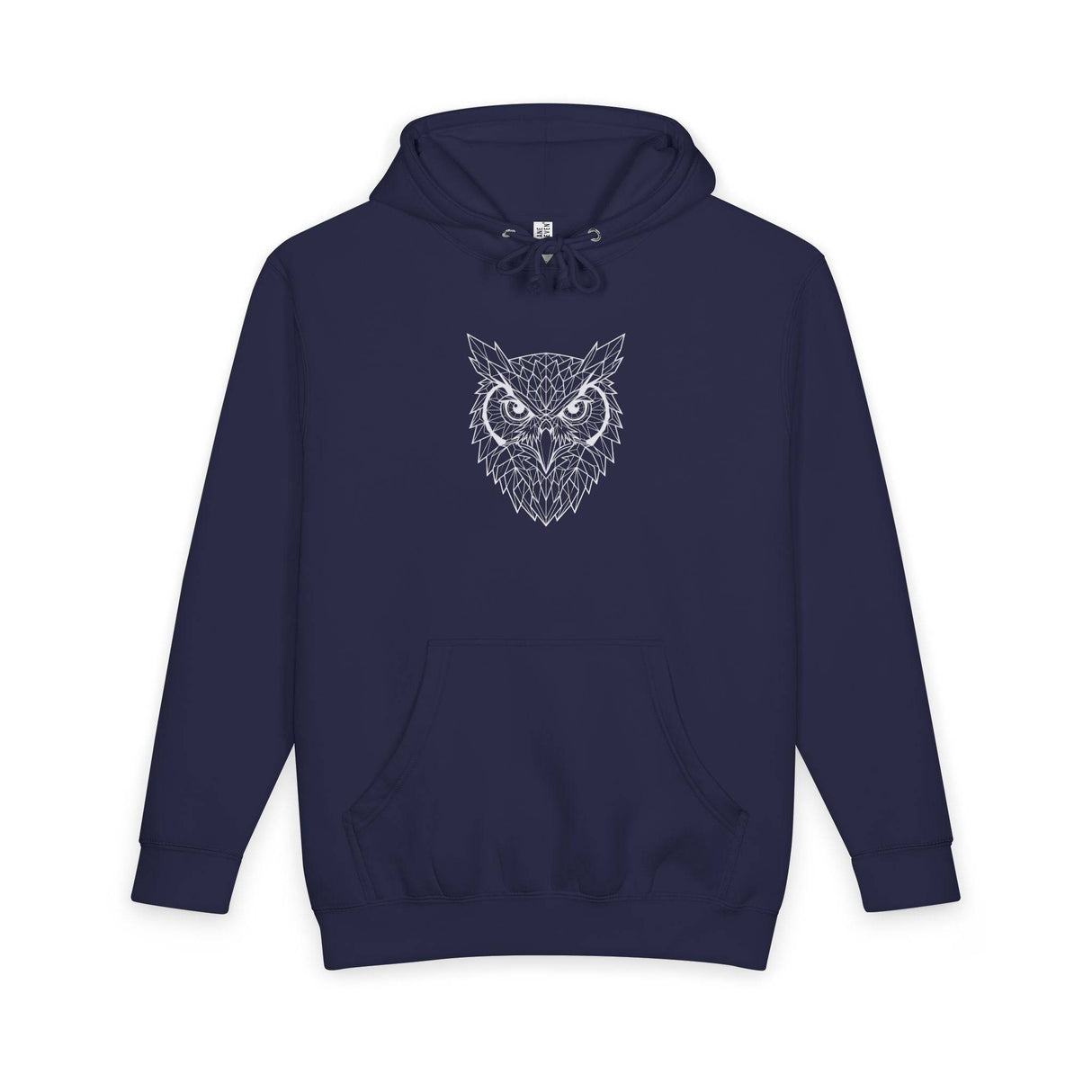 Navy blue hoodie featuring a geometric owl face design in white on the front, complete with a front kangaroo pocket, adjustable drawstring hood, and ribbed cuffs and hem for a comfortable and stylish fit. | PicSEO 1776477949859