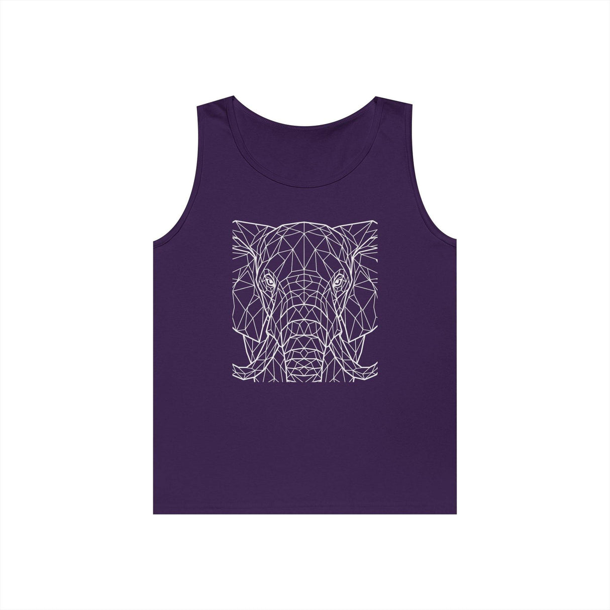 Purple sleeveless tank top featuring a modern geometric line art design of an elephant's face in white, blending contemporary style with nature-inspired imagery for a bold and trendy look. | PicSEO 1776569794537