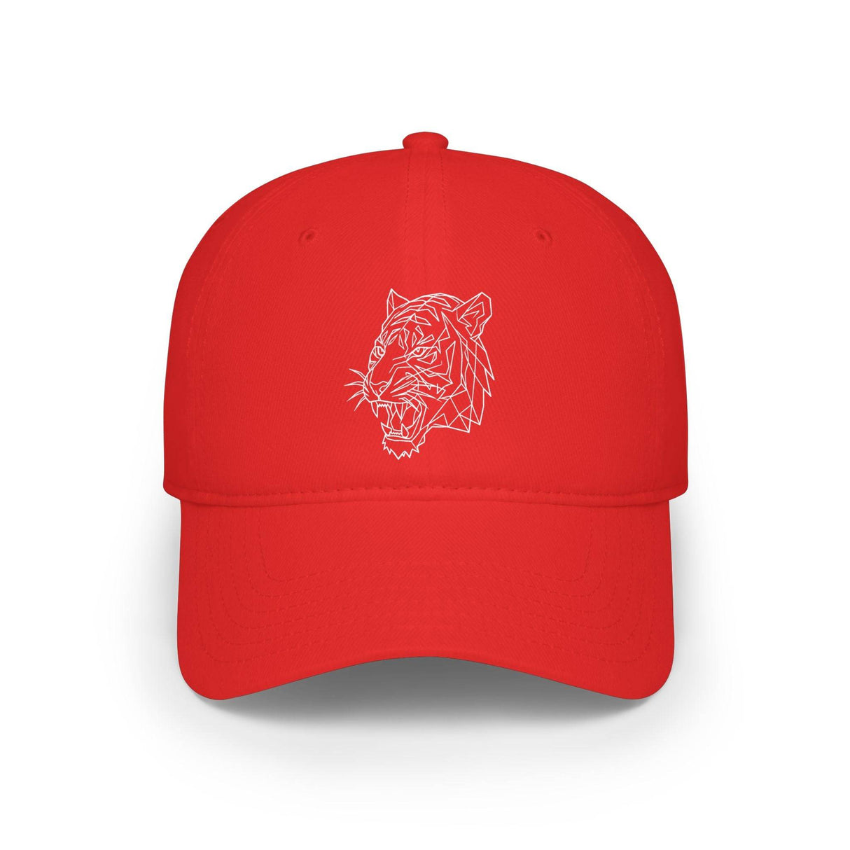 Red baseball cap featuring a minimalist white geometric tiger head design embroidered on the front, combining bold color with modern animal art for a stylish and sporty look. | PicSEO 1776569964171