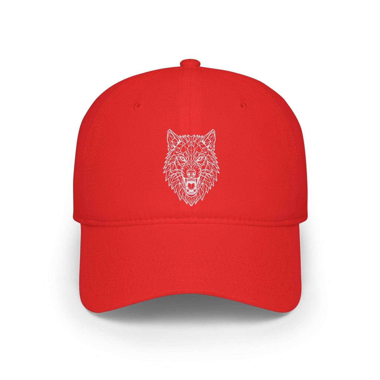 Red baseball cap featuring a detailed white geometric wolf head design on the front, combining bold color with modern, sharp line art for a striking and stylish look. | PicSEO 1776689150210