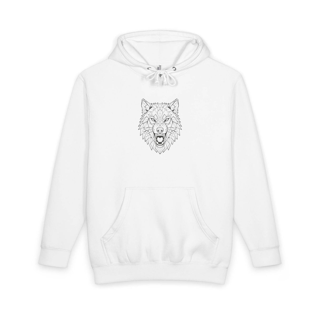 White hoodie featuring a bold, intricately detailed geometric wolf head design in black lines on the chest, with a front kangaroo pocket and adjustable drawstring hood for casual comfort and edgy style. | PicSEO 1776478070121