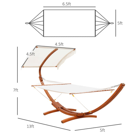 Hammock with wooden stand and canopy, shown with dimensions on a white background