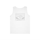 Printify Mountain Tank Top from the Nature Series featuring a mountain graphic and the slogan "Built by Nature. Shaped by Choice."