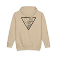 Beige hoodie with a black geometric design on the back against a white background