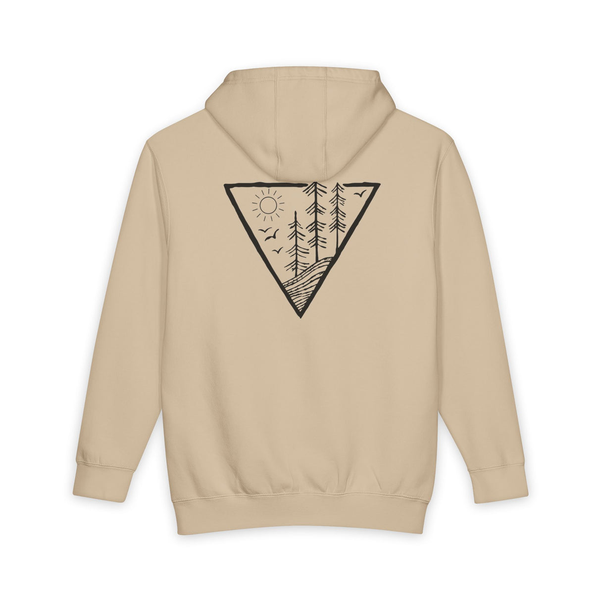 Beige hoodie with a black geometric design on the back against a white background