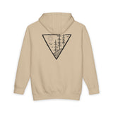Beige hoodie with a black geometric design on the back against a white background