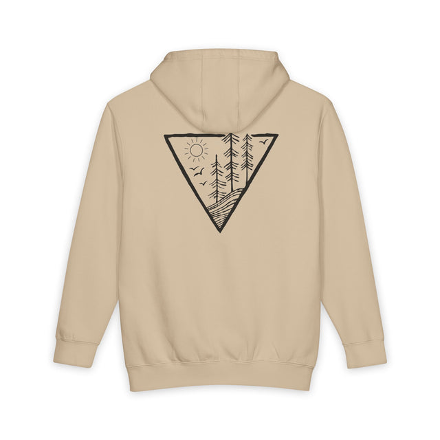 Beige hoodie with a black geometric design on the back against a white background